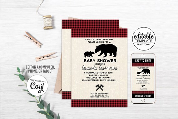 Black Bear Lumberjack Buffalo Plaid Boy Baby Shower Invitation / Little Lumberjack / Rustic Bears / Printable bs-162 Il_570xn