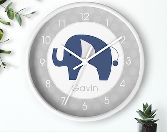 Navy Blue Elephant Baby Nursery Wall Clock, Boy or Girl Elephant Nursery, Gray and Navy Elephants