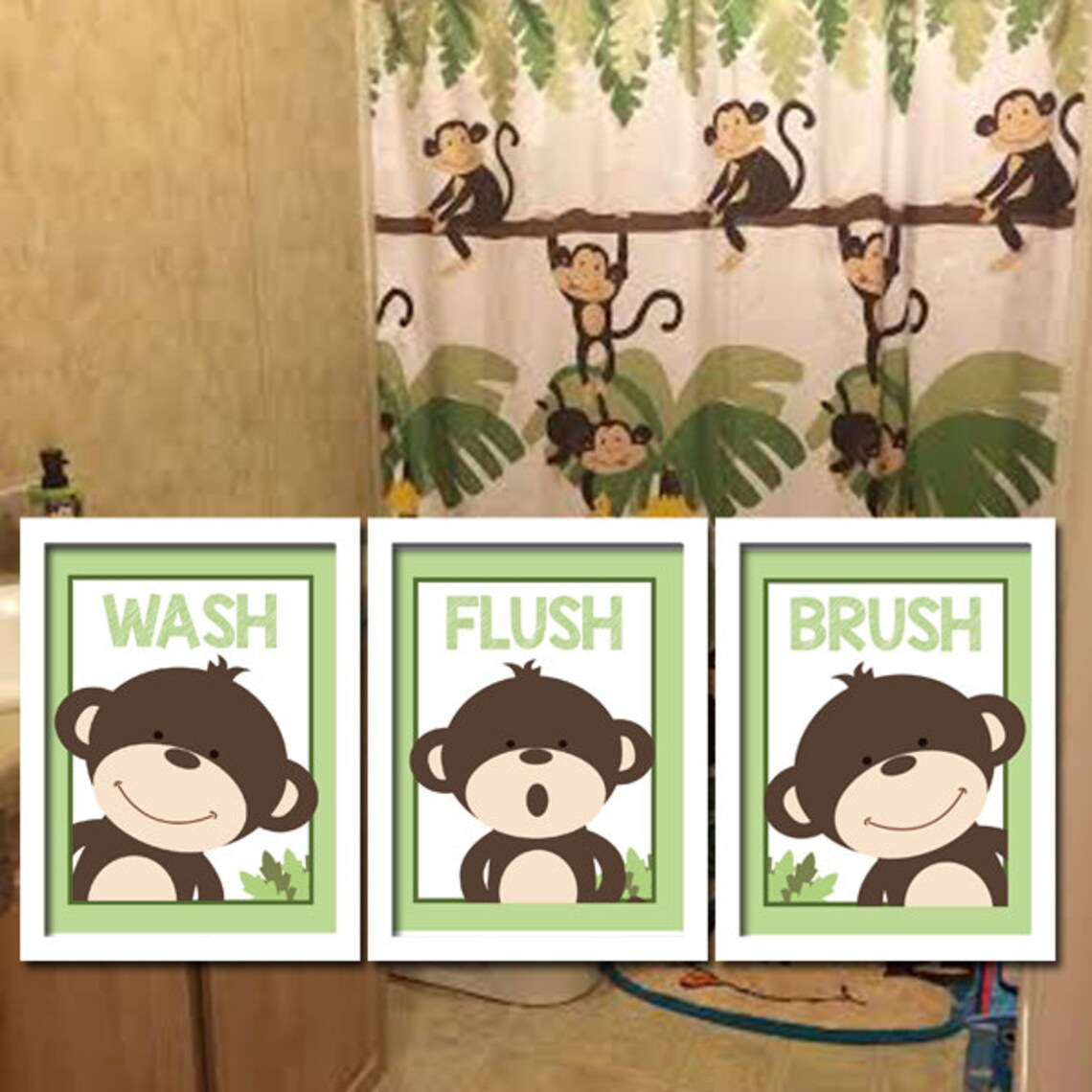 Kids Monkey Bathroom Art Prints / Brush Wash Flush Bathroom - Etsy UK