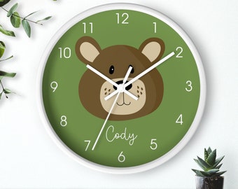 Brown Bear Wilderness Woodland Boys Nursery Clock, Green Baby Shower Clock, Cute Bear Animal