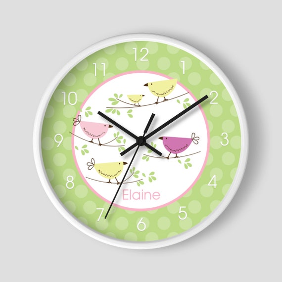 Penelope Tweet Tweet Personalized Bird Baby Nursery 10-inch Wall Clock / Girl's Wall Clock / Pink and Green Birdie Il_570xn
