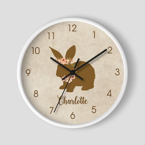 Floral Bunny Rabbit Nursery Wall Clock 10-inch / Brown Peach Bunny Theme