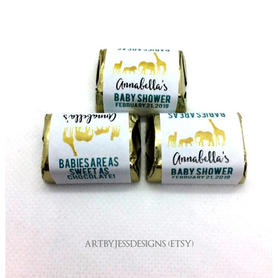 Gold Safari Jungle Shower or Birthday Candy Wrapper Stickers Personalized Nugget Party Favors / African Elephant, Giraffe, Lion Labels Il_570xn