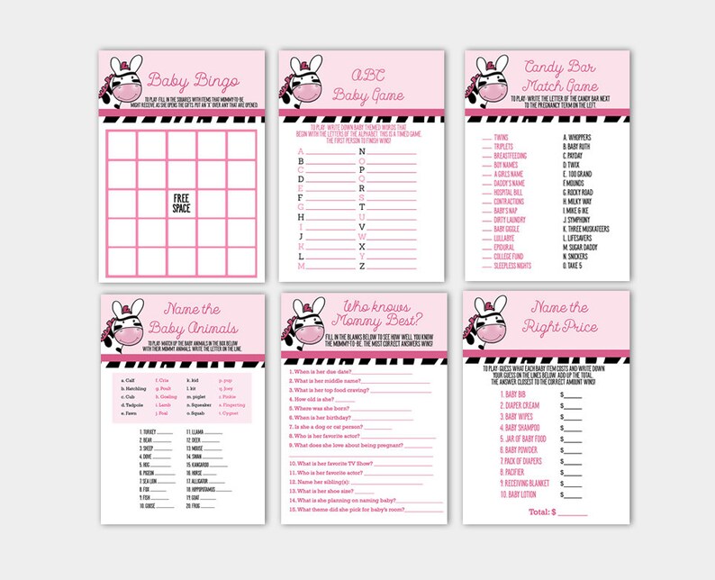 Pink Zebra Girl Baby Shower Games 8pack Game Bundle Bingo Etsy