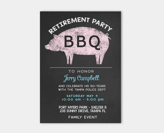Pink Pig Roast BBQ Barbecue Retirement invitations with a chalkboard background Customized Printed or Printable File Il_570xn