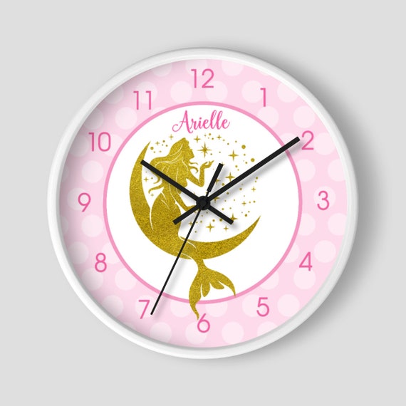 Gold Glitter Mermaid Girl's Wall Clock, Mermaid Nursery, Gold and Blush