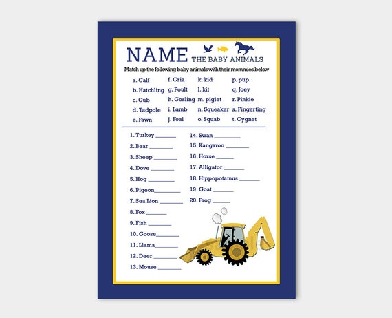 Backhoe Construction Boy Baby Shower Name the Baby Animals Matching Game | Who's My Mommy? Printable PDF INSTANT DOWNLOAD bs-072 Il_570xn