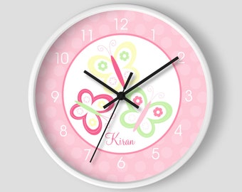 Butterfly Light Yellow, Soft Pink and Green Girl's Wall Clock with White Frame