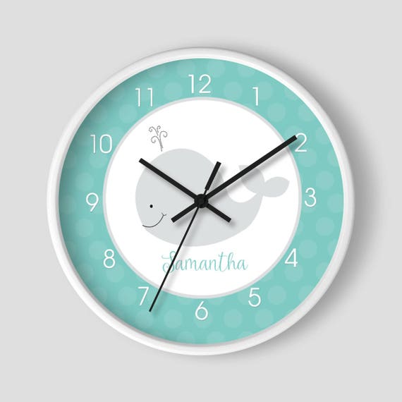 Teal and Gray Little Whale Nautical 10" Nursery Wall Clock / Girl or Boy Whale Nursery Clock / White Wooden Frame Il_570xn