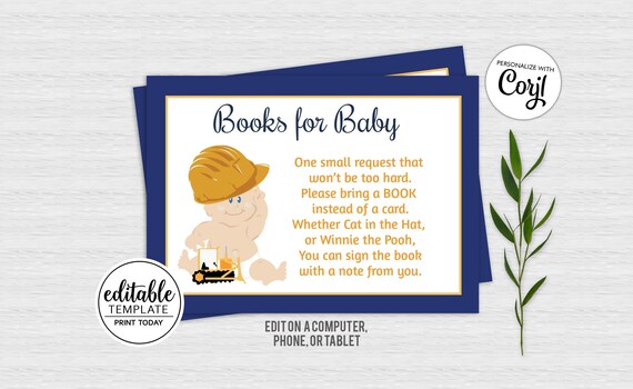 Construction Baby Backhoe Books for Baby Boy Baby Shower Book Request Enclosure Cards INSTANT DOWNLOAD bs-104 Il_570xn
