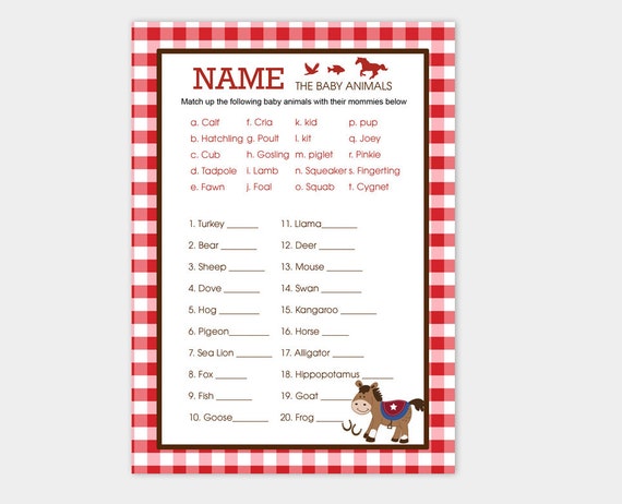 Western Horse Boy Baby Shower Name The Baby Animals Matching Game Who S My Mommy Printable Pdf Instant Download Bs 105 By All Pets Cherished Catch My Party