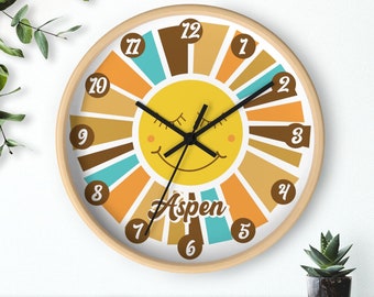 Retro Sunshine Wall Clock Hippie Groovy Boho Theme Sun / Boho Baby Nursery / Retro Vintage Decor