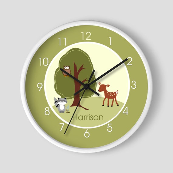 Woodland Deer, Owl and Raccoon Forest Nature Theme Baby Nursery Wall Clock Green Il_570xn