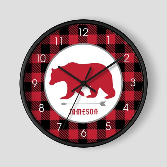 Buffalo Plaid Red Bear Nursery Wall Clock / Hunter Nursery / Little Man / Lumberjack / Red Gray Black Woodland Boys Room Clock Il_570xn
