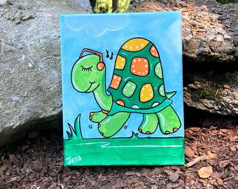 Musical Turtle Painting, Hand Painted Turtle Acrylic Painted Art, Original Artwork 8x10 Gallery Canvas, Turtle Nursery Painting OOAK