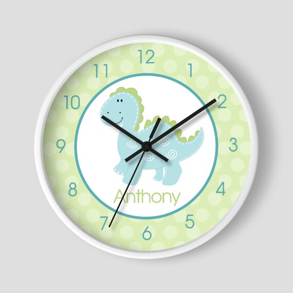 Dinosaur Boys Nursery Wall Clock, Dino Wall Decor Mod Dinosaur / Green