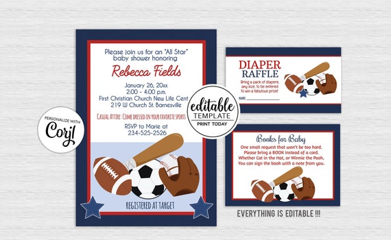 Sports Boy Baby Shower Invitation, Diaper Raffle, Bring a Book Card Bundle Editable Text INSTANT DOWNLOAD bs-019 Il_570xn