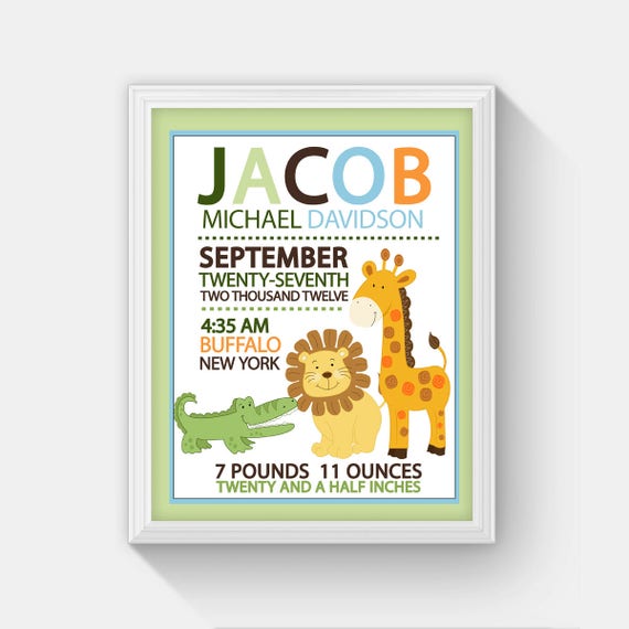 Jungle Safari Birth Announcement Print with Alligator, Lion and Giraffe, Personalized Baby Gift (Design 15a) Il_570xn