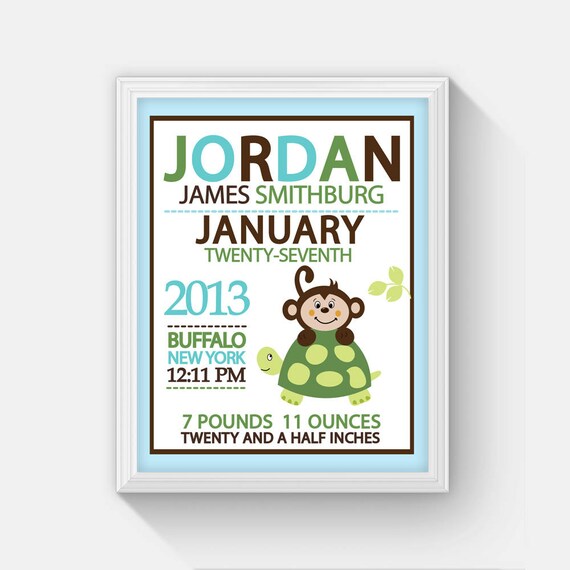 Boy Monkey and Turtle Birth Announcement Print - Baby Shower Birth Print Il_570xn