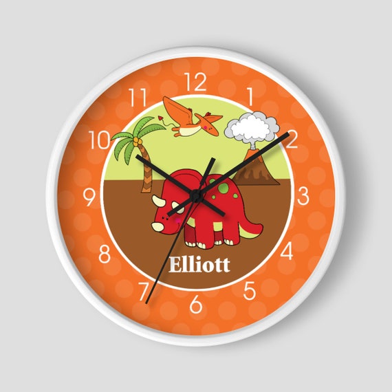 Triceratops Dinosaur Prehistoric Orange Wall Clock Nursery Clock Personalized with Name Il_570xn