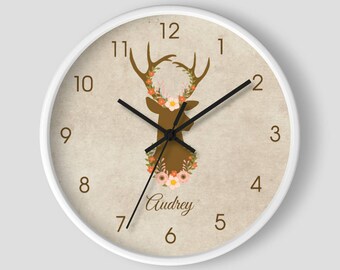 Floral Deer Buck  Nursery Wall Clock 10-inch / Brown Peach Deer Theme