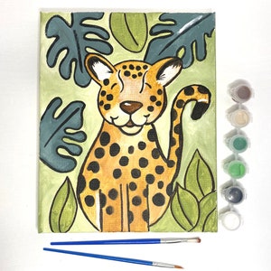 Spotted Leopard Kids Paint Kit, DIY Pre-Traced Outlined Canvas, Paint Parties, Paint and Sip, Birthdays Jungle Cat image 3