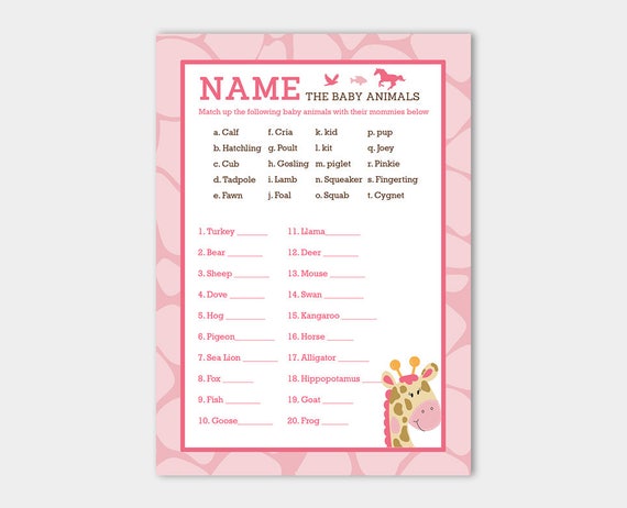 Pink Giraffe Name The Baby Animals Matching Baby Shower Game Etsy