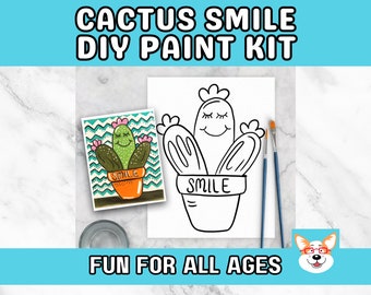 Cactus Smile Summer Kids Paint Kit, DIY Pre-Traced Outlined Canvas, Paint Parties, Paint and Sip, Birthdays - Paint a cute Cactus