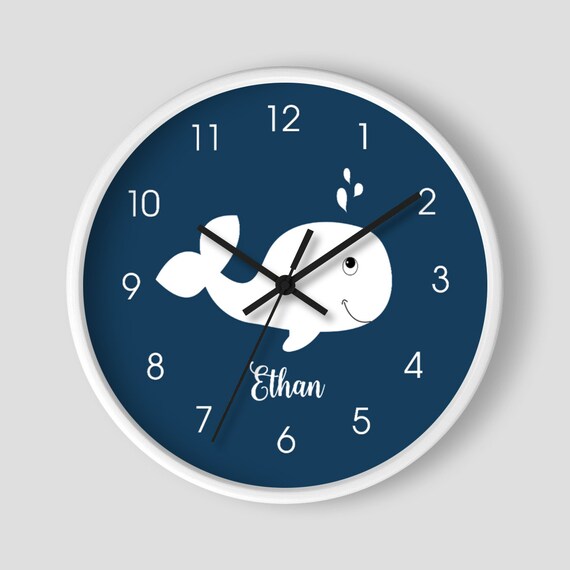 Cute White Whale with Navy Blue Nautical Nursery Clock / White Whale Wall Clock Oceania Whale Decor Il_570xn