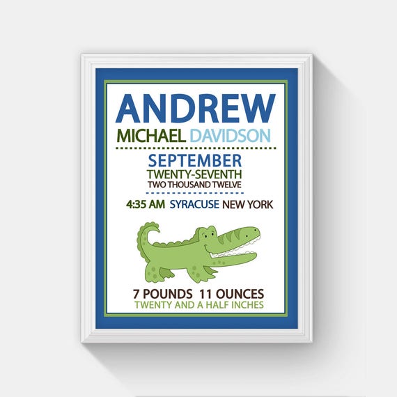 Alligator birth announcement print, baby birth print, baby boy nursery, personalized baby decor, baby boy gift Il_570xn