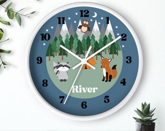 Little Camper Nursery Wall Clock, Mountains, Stars, Moon, Fox, Raccoon, Owl, Tent Camping 10" Clock, Mountain Nursery