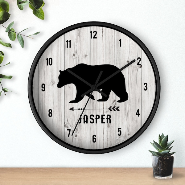Black Bear over White Rustic Wood Plank Clock / Tribal Arrow Rustic Hunter Wall Clock / 10-inch White Frame Add a name