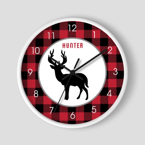 Buffalo Plaid Red Buck Deer Nursery Wall Clock / Hunter Nursery / Little Man / Lumberjack / Red Gray Black Woodland Boys Room Clock Il_570xn
