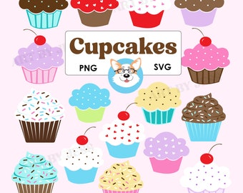 Cupcakes Clipart Set, Cupcake Clip Art Graphics PNG SVG files for cutting projects