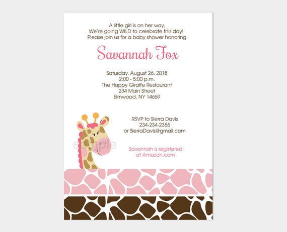 Pink Giraffe Girl Baby Shower Invitations | Giraffe Animal Print | Printable Baby Shower Invitation bs-024 Il_570xn