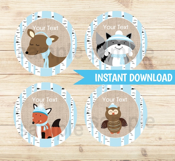 Winter Woodland Forest Animals Blue Boy Birch Tree Party Favor Cupcake Toppers | DIY Favors | INSTANT DOWNLOAD bs-066 Il_570xn