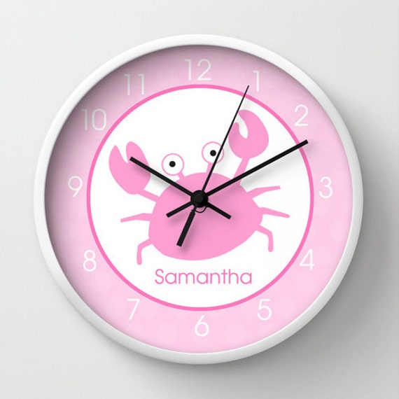 Pink Crab Girl Under the Sea 10" Nursery or Bathroom Wall Clock, Choose frame color, clock hands, personalization options Il_570xn