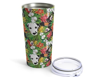 Dalmatian Dog Tumbler Cup, 20oz Insulated Beverage Hot or Cold Dog Mug, Iced Coffee Tumbler, Tropical Pretty Jungle Pattern