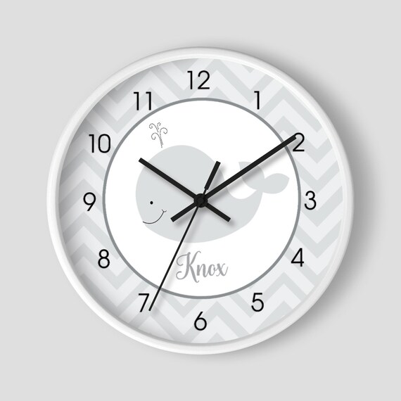 Chevron Little Gray Whale Nautical 10" Nursery Wall Clock / Girl or Boy Whale Nursery Clock / White Wooden Frame Il_570xn