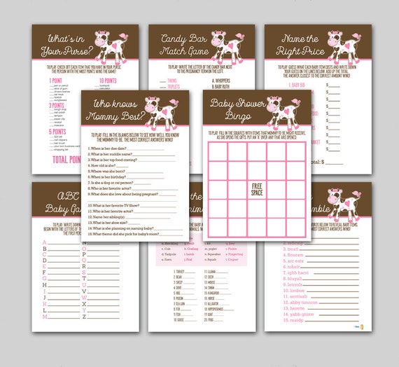 Cute Pink Cow Girl Farm Theme Baby Shower Games 8-Pack Game Bundle, Bingo, Word Search, ABC Game and more INSTANT DOWNLOAD bs-136 Il_570xn