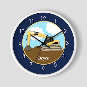 Construction Excavator Navy Blue Boys Room Clock / Construction Toddler Room / Digger Backhoe Realistic Excavation Clock / Navy Blue