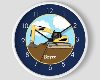 Construction Excavator Navy Blue Boys Room Clock / Construction Toddler Room / Digger Backhoe Realistic Excavation Clock / Navy Blue