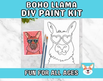 Boho Llama Kids Paint Kit, DIY Pre-Traced Outlined Canvas, Paint Parties, Paint and Sip, Birthdays - Art by Jess Original