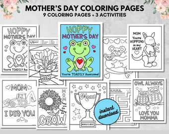 12 Mother's Day Coloring and Activity Pages, Cute Kids Color Pages, Maze, Color by Number, Frog Sloth Kangaroo more