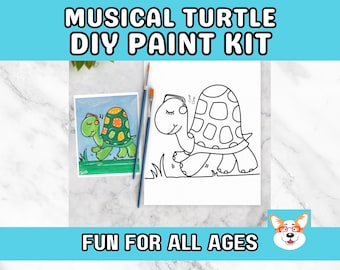 Musical Turtle Kids Paint Kit, DIY Pre-Traced Outlined Canvas, Paint Parties, Paint and Sip, Birthdays - Cute colorful turtle Paint Kit DIY