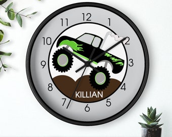 Green and Black Monster Truck Boys Room Wall Clock / Lime Green and Gray Toddler Truck Decor