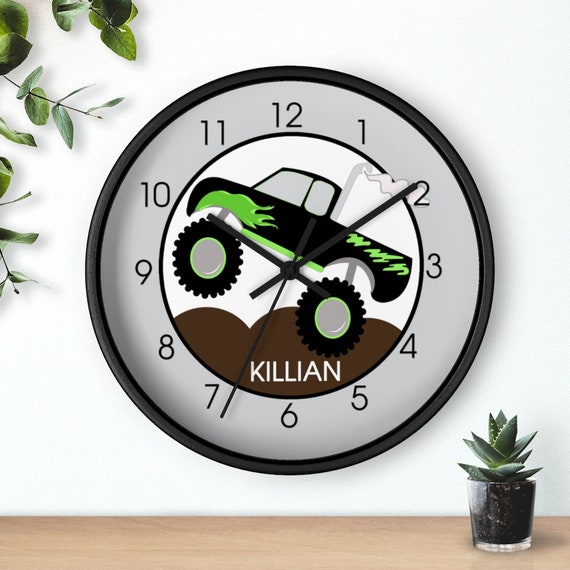 Green and Black Monster Truck Boys Room Wall Clock / Lime Green and Gray Toddler Truck Decor Il_570xn