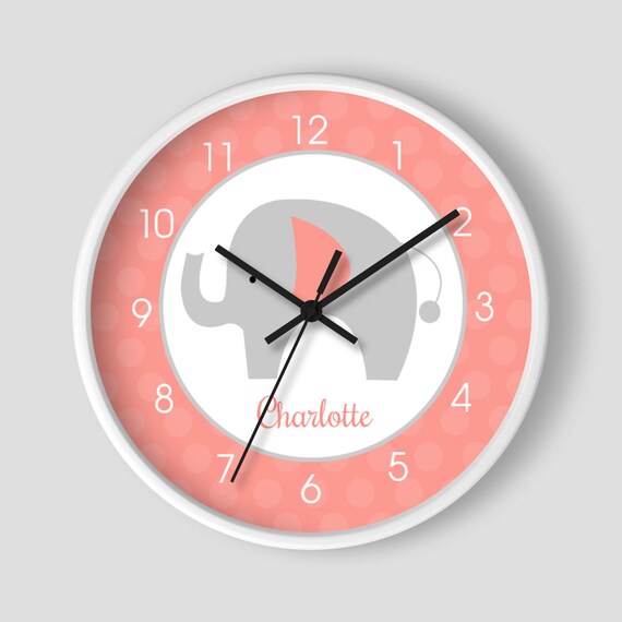 Coral and Gray Mod Elephant Nursery Wall Clock / Girl Elephant Clock / Coral Elephant Nursery Room / Elephant Baby Shower Gift Il_570xn
