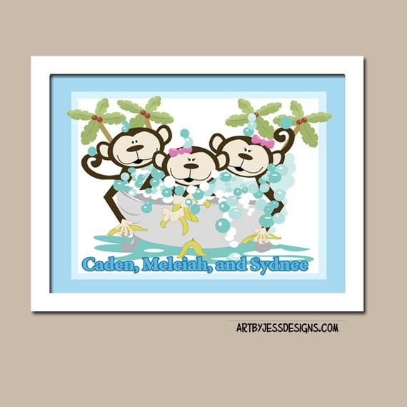 Monkey Bathroom Art, Kids Monkey Bathroom Art Prints or Canvas, Monkeys in a Tub, Girl, Boy, Girls and Boys - Design 3B Il_570xn
