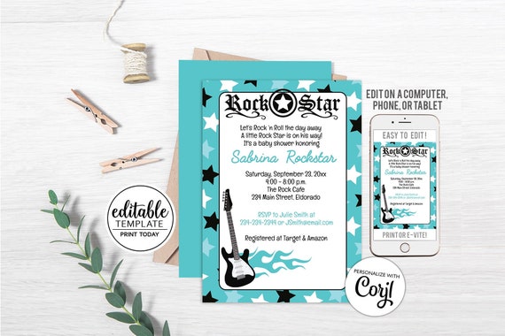 Teal Rock Star Baby Shower Invitations / Boy Rockstar Invitation / Rock a Bye Baby Shower Printable INSTANT DOWNLOAD Editable Text bs-160 Il_570xn